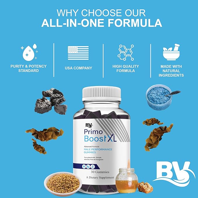 BLUE VIBE (2 Pack) Primo Boost XL Gummies PrimoBoostXL Daily Performance Shilajit and Manuka Honey Supplement Primo Boost XL Advanced Overall Health and Performance Support Supplement (60 Gummies)