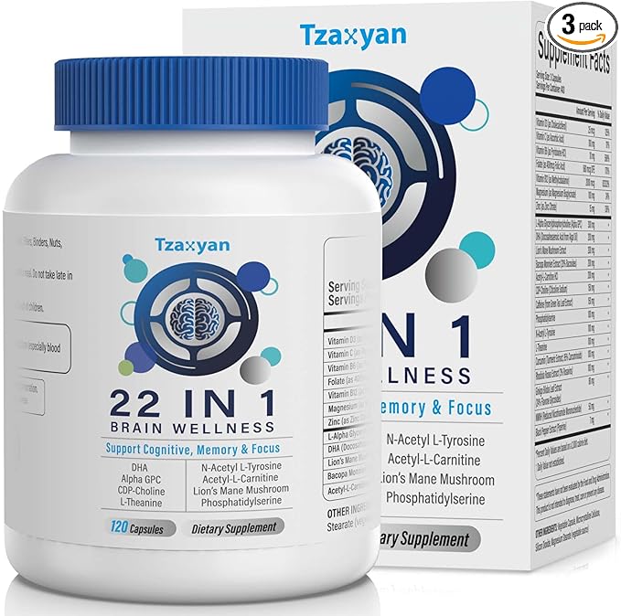 Brain Supplements for Memory and Focus Clarity &amp Cognitive Improvement 300mg Alpha GPC CDP-Choline DHA Lion’s Mane L-Theanine Vitamin &amp Phosphatidylserine for Men &amp Women 120 Capsu
