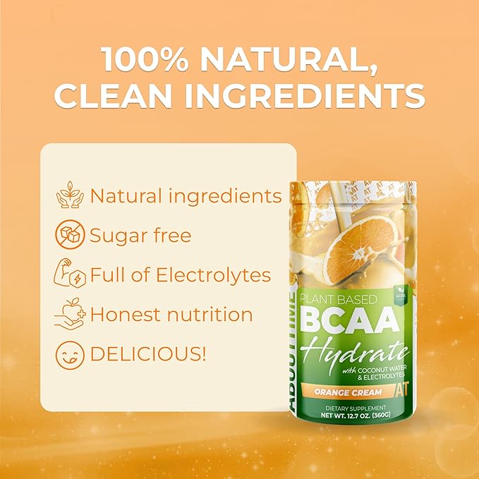 About Time BCAA Hydration Powder Orange Cream with L-Glutamine &amp Electrolytes Non-GMO Gluten Free Monk Fruit Coconut Water 20 Servings