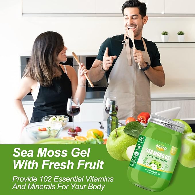 (18 OZ) Irish Sea Moss Gel Organic Raw Vegan Apple Flavor 102 Vitamins and Minerals Wild Harvested Non-GMO Immune Defense Booster Thyroid Digestive Support