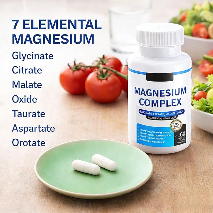 Magnesium Complex for Women &amp Men 1000mg — 7-in-1 Magnesium (Glycinate Citrate &amp Malate) for Sleep Support Stress Relief Muscle Recovery — Vegan 60 Capsules