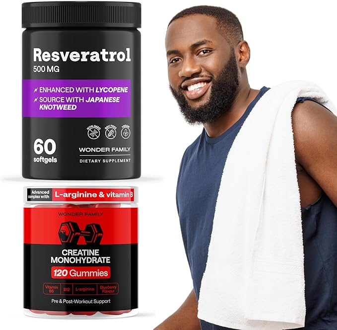 WONDER FAMILY Gym Endurance Bundle - Resveratrol for Heart Support - Creatine Monohydrate Gummies 5g for Muscles - 60 Resveratrol 500MG Softgels 120 Creatine Chewables