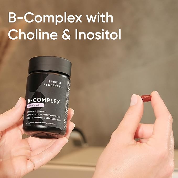 Sports Research® Vitamin B-Complex - Full Spectrum of B Vitamins with Methylated B12 &amp Folate - Gluten Free · Plant-Based · Non-GMO · Vegan-Friendly Formula - 120 Veggie Softgels