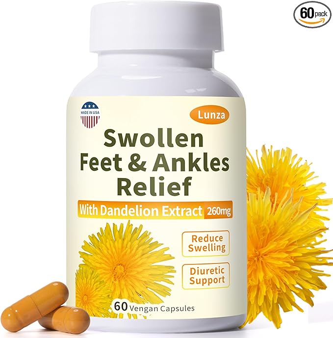 Lunza Swollen Feet and Ankles Relief with 260mg Dandelion Edema Relief for Legs Feet &amp Ankles Water Retention Fast-Acting Formula Natural Ingredients 60 Vegan Capsules