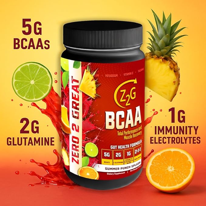 Z2G BCAA Powder – Summer Punch Splash | Gut Health + Total Performance &amp Muscle Recovery with 5g BCAAs 2g L-Glutamine 1g Immunity Electrolytes | Easy to Mix | Sugar-Free Gluten-Free Dairy-Free