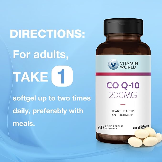 Vitamin World CoQ10 200 mg Softgels Coenzyme Q10 Supplements for Antioxidant Support Heart Health &amp Energy Production Gluten Free 60 Rapid Release Softgels
