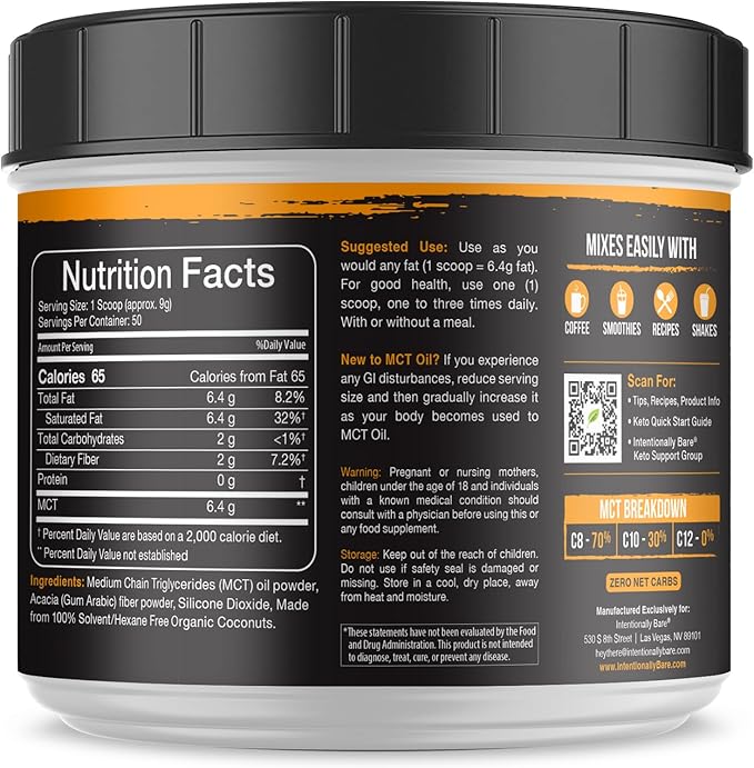 Intentionally Bare MCT Oil Powder - Unflavored Coconut Oil with 70% C8 and 30% C10 - MCT Oil for Clean Energy Brain Health Mood and Focus - Coconut C8 for Keto Paleo and Vegan Pills - 50 Servings