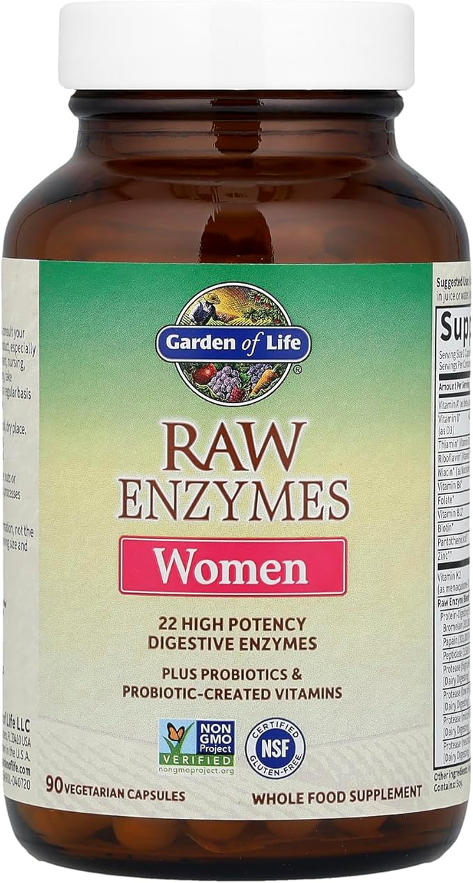 Garden of Life 22 Powerful Raw Enzymes for Women with Papain Bromelain Lactase plus Probiotics and Vitamins B12 Biotin and Zinc Dietary Supplement with Digestive Enzymes Vegetarian 90 Capsules