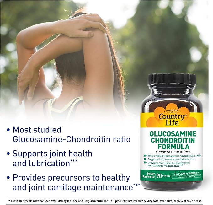 Country Life Glucosamine Chondroitin 1500mg/1200mg - Supports Joint Health &amp Lubrication - Maintains Healthy Cartilage Tendon Joint Tissue - Gluten Free Non-GMO - 90 Capsules - For Adults