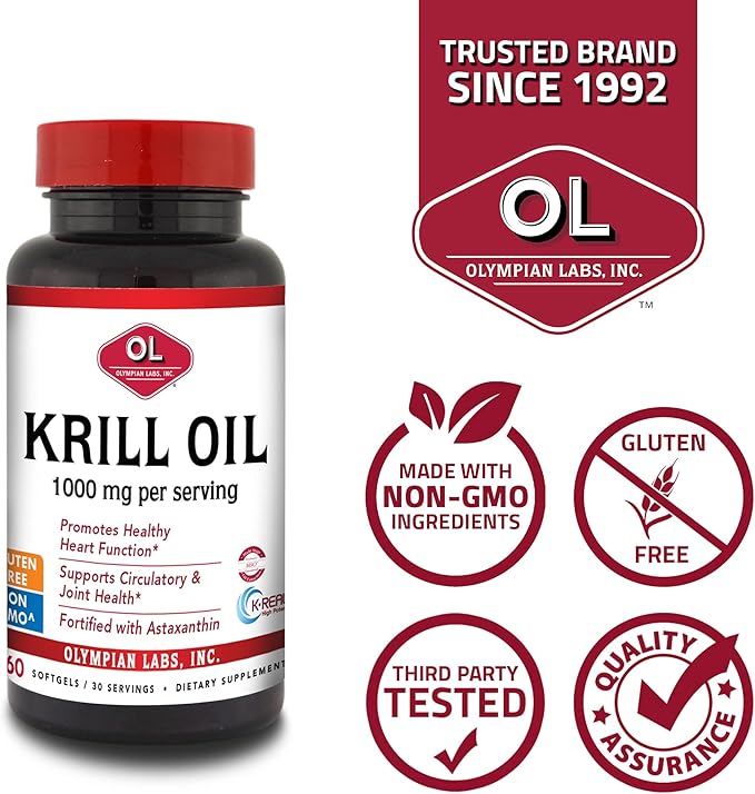 Olympian Labs Antarctic Krill Oil 1000mg Caps with Astaxanthin Omega-3 EPA DHA Immune Joint &amp Brain Support 60 Softgels