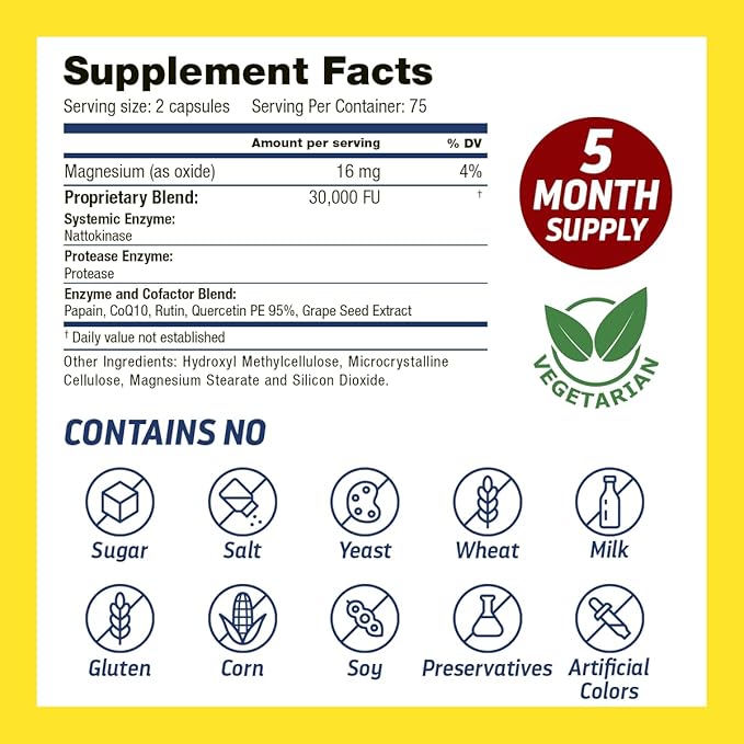 Neprigen MD™ Multi Enzyme Blend 30000 FU Multi-Enzyme Nutritional Supplements Support Blood Circulation and Fibrin Protection 150 Veggie Capsules Made in the USA