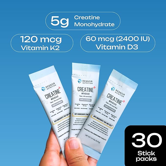 Ressor Creatine Monohydrate Powder for Men and Women 5g Micronized Creatine Travel Packs with Vitamin D3 2400 IU and Vitamin K2 120mcg