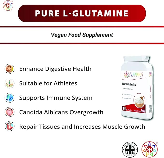 Pure L-Glutamine 100g Pure Targeted Release Vegan Amino Acid Powder for Gastrointestinal Integrity Neurological Activity Irritated Bowels &amp Immune Support | Shakra Health