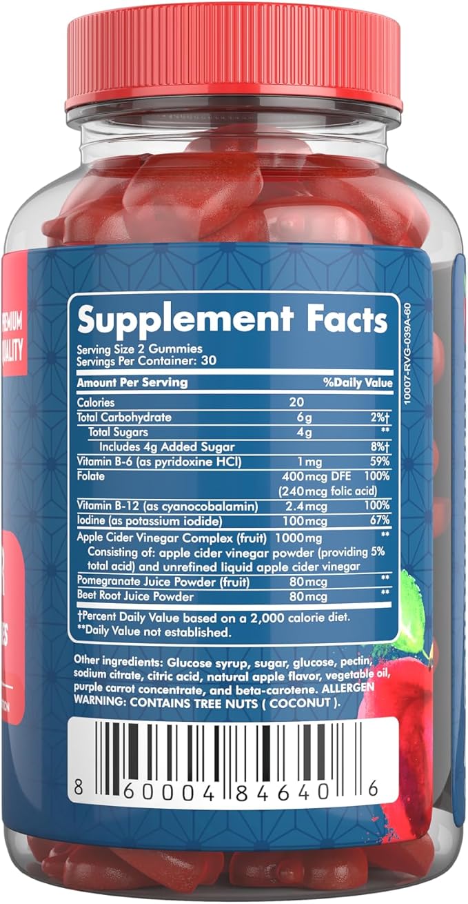 NUU3 Apple Cider Vinegar Gummies - Support for Energy Immunity &amp Gut Health - Folate Iodine Pomegranate Beet Root Vitamins B-6 &amp 12 - (60 Count Pack of 1)