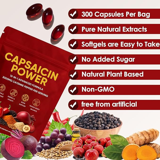 Capsaicin Power - Cayenne Pepper Softgels Supplement Supports Leg Vein Digestive &amp Gut Health with Vitamin D3+K2 Beetroot Grape Seed and Other Extracts 300 Capsules (1)