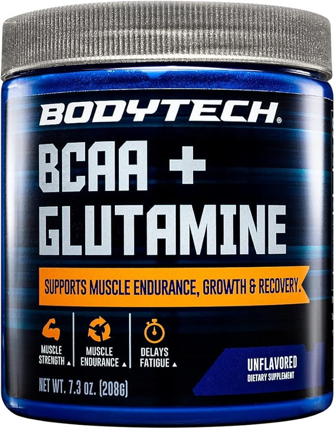 BodyTech BCAA + Glutamine Powder with Vitamin C L Glutamine &amp More Essential Pre Workout or Post Workout Amino Acids for Men &amp Women Unflavored 7.3 Oz 30 Servings