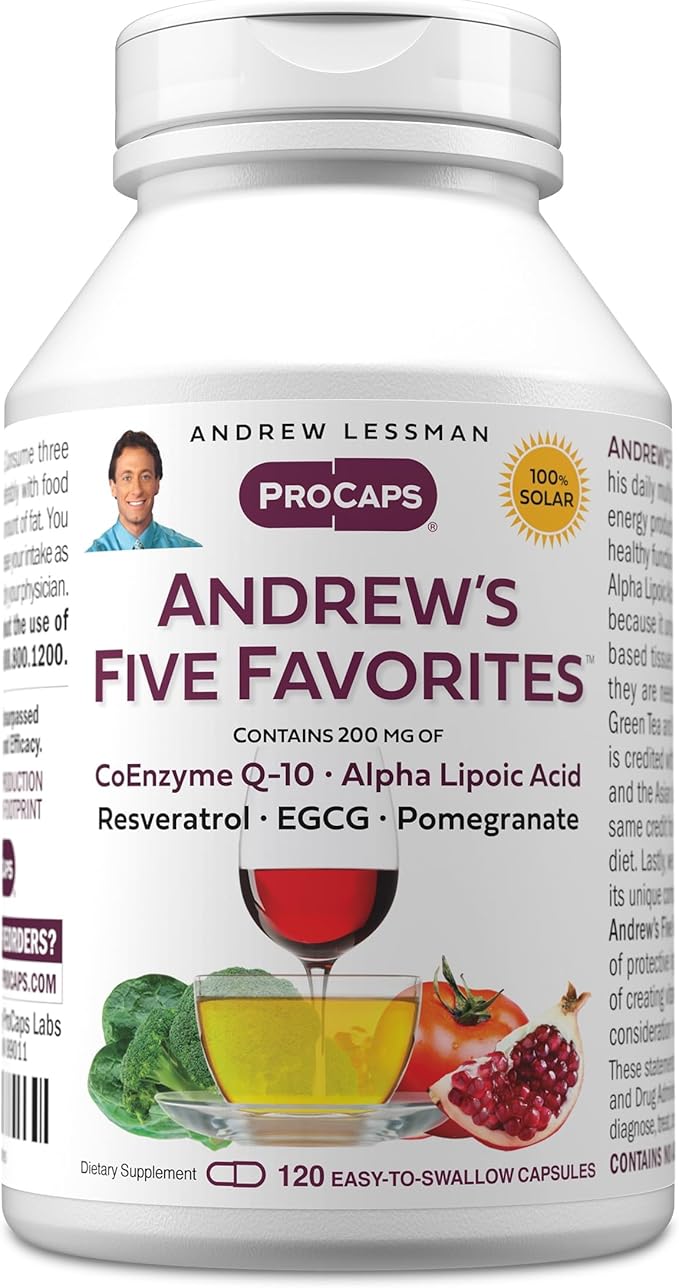 ANDREW LESSMAN Andrew's Five Favorites 120 Capsules - Provides 200mg Each of Coenzyme Q-10 Resveratrol EGCG Pomegranate and Alpha Lipoic Acid Powerful Anti-Oxidant Support No Additives