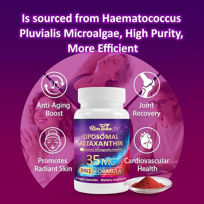 Liposomal Astaxanthin Supplement Complex 9-in-1 with Ashwagandha Lycopene Zeaxanthin Antioxidant Supplement Support Eye Skin &amp Joint Health 120 Capsules