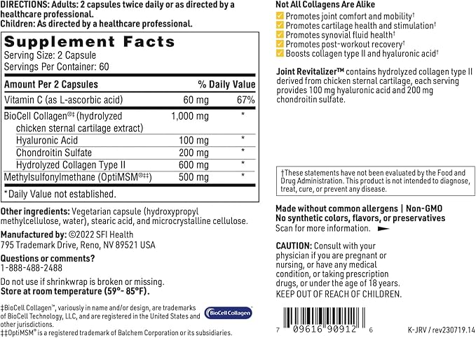 Klaire Labs SFI Health Joint Revitalizer - Patented Hydrolyzed Collagen Peptide Formula with Chondroitin MSM &amp Hyaluronic Acid Hypoallergenic Connective Tissue Support (120 Capsules)