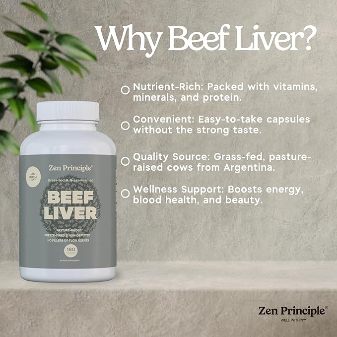 Zen Principle Ultra-Pure Desiccated Beef Liver Grass-Fed &amp Finished New Zealand No Hormones or GMOs Natural Energy &amp Workout Support with Iron Amino Acids &amp Vitamins. 180 Capsules