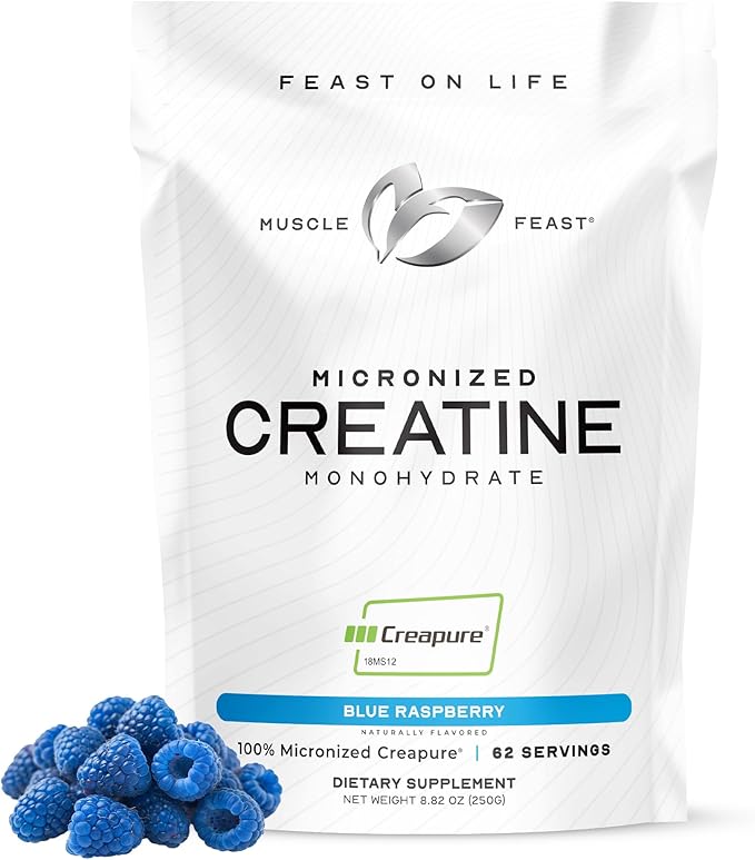 Muscle Feast Creapure - Micronized Creatine Monohydrate Powder | Premium Pre-Workout or Post-Workout | Creatine for Women &amp Men | Easy to Mix Gluten-Free Safe and Pure (Blue Raspberry 250g)