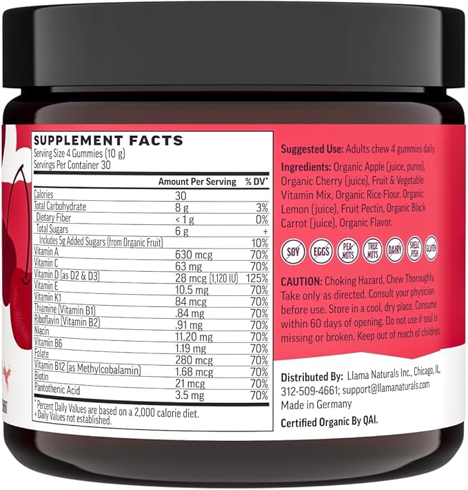 Llama Naturals Multivitamin for Women and Men Vegan Organic Gummies with Vitamin D C and K Adults Real Fruit Gummy Vitamins Chewable Multivitamin Supplement No Added Sugar Cane Cherry 120 Ct