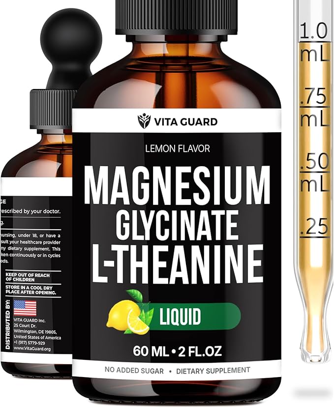 Vita Guard Magnesium Glycinate Liquid Drops 500mg – Liquid Magnesium Supplement with L-Theanine 200mg – Sleep Calm Stress Relief Muscle &amp Nerve Health – Gluten Free No Sugar Vegan 2 Fl Oz