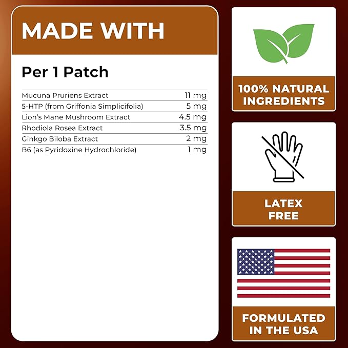 Dopamine Patches | Mood &amp Positivity | with Lion’s Mane Rhodiola Rosea Ginkgo Biloba 5-HTP | Dopamine &amp Serotonin Balance for Women and Men | 30 Days Supply