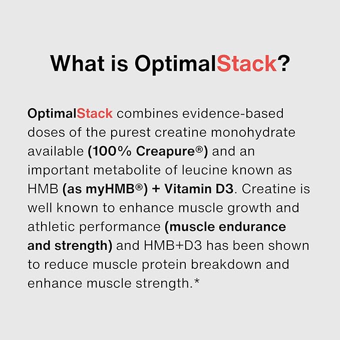 OptimalStack Creatine Monohydrate HMB &amp Vitamin D3 Stack | with Creapure Creatine Clinical Dosage of myHMB and Vitamin D3 | NSF for Sport Certified | Unflavored 30 Servings