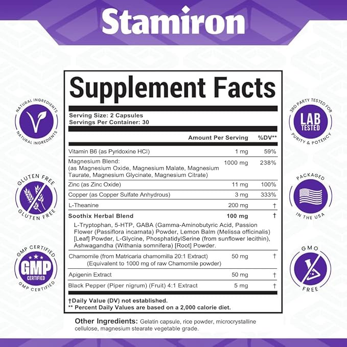 Magnesium Complex 1000mg L Theanine 200mg Apigenin 50mg Supplement with Mag Glycinate Citrate Malate Taurate + Chamomile 5-HTP Passion Flower Lemon Balm B6 Ashwagandha and L Tryptophan - Made in USA