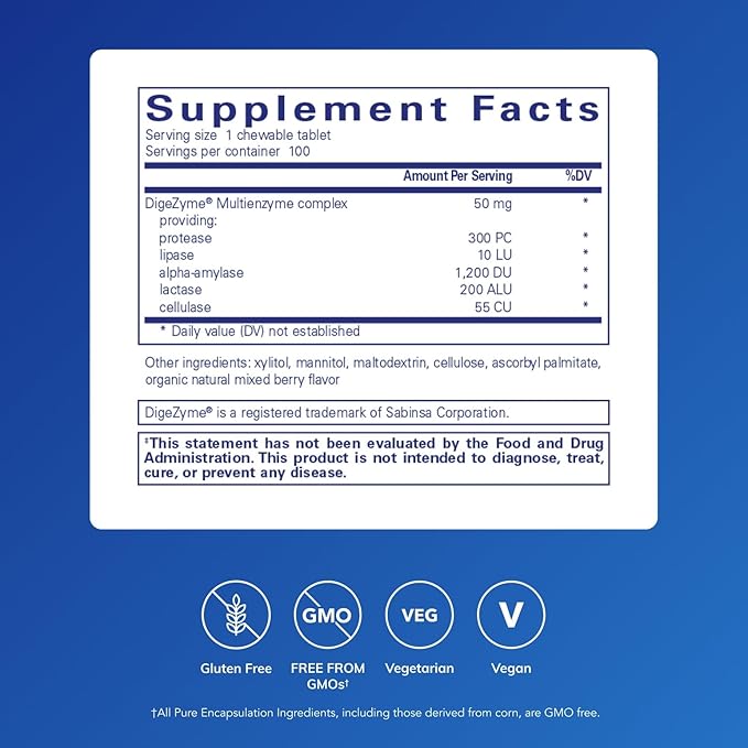 Pure Encapsulations Digestive Enzyme Chewables | Chewable Enzyme Blend to Support Protein Carbohydrate Fiber and Dairy Digestion | 100 Chewable Tablets