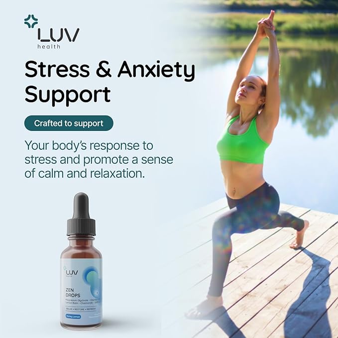 LUV health Zen Drops 3Pack: Stress &amp Anxiety Support Drops with Magnesium Glycinate Vitamin D3 Lemon Balm Chamomile Saffron L-Theanine. Keto Vegan USA Made Non-GMO 90 Servings