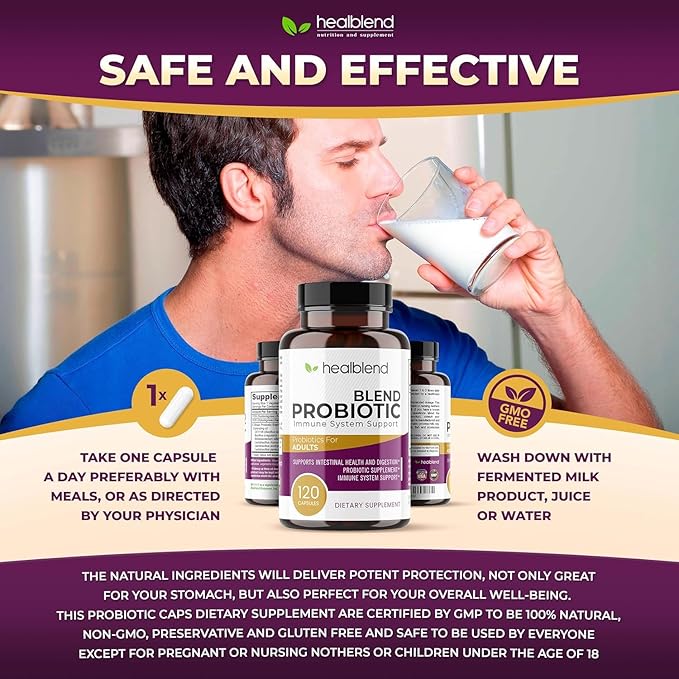 healblend Probiotic Caps Dietary Supplement Capsules Probiotic for Women and for Men Digestive Health Immune System Support Non-GMO Gluten-Free 120 Veg Caps (3)