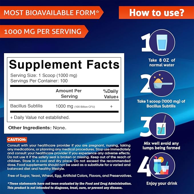 Vitamatic Bacillus Subtilis Pure Powder Probiotic Powder - Gut Health - 100 Gram - 100 Servings