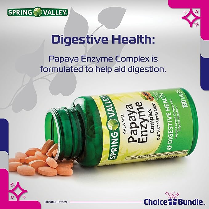 Spring Valley Papaya Enzyme Complex Chewable Tablets Digestive Health 180 Ct 3 pk (540 Total) + Vitamin Vitality &amp Pill Container (5 Items)!