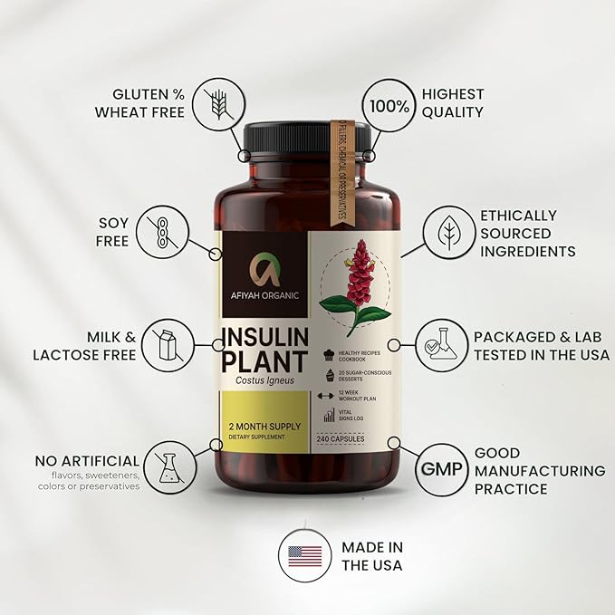 Premium Quality Costus Igneus (Insulin Plant) Capsules - Easy to Swallow 240 Veggie Capsules (2 Month Supply) - Made in the USA - Including Complete Health Support Program