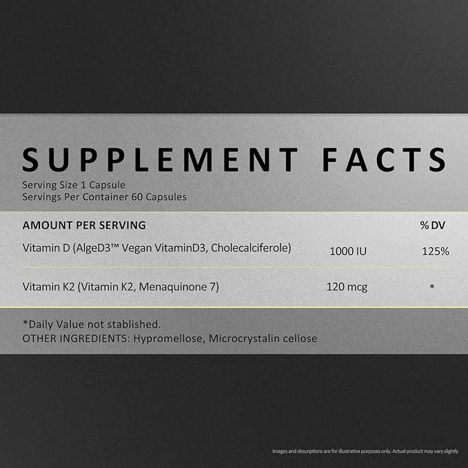 D3 &amp K2 Vitamin Supplement Vegan D3 1000 IU &amp K2 MK7 120 mcg for Bone Heart &amp Immune Support Non-GMO Gluten-Free 60 Vegan Capsules 2 Months Supply