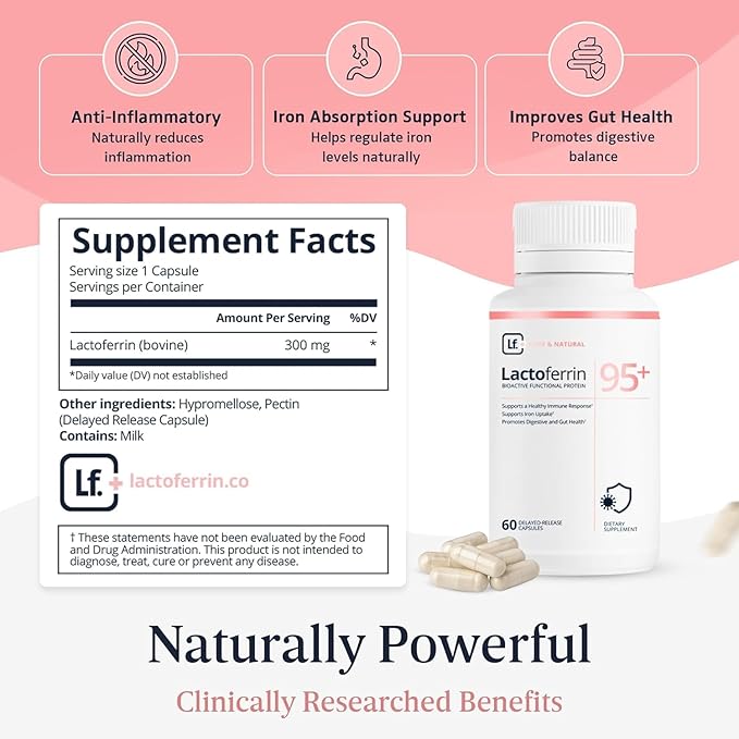 Supplement 300mg – 95%+ Pure Bovine Lactoferrin Capsules – Delayed Release for Immune Support Gut Health &amp Iron Metabolism – 120 Count