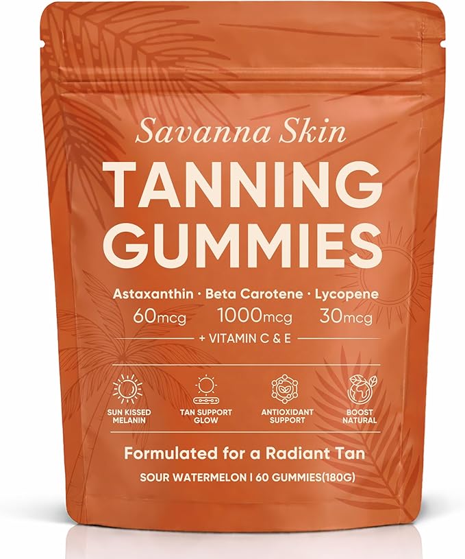 Savanna Skin Tanning Gummies with Astaxanthin Beta-Carotene Lycopene &amp Vitamins Radiant Healthy Skin Vitality Support &amp Hydration Vegan Sugar-Free Sour Watermelon Flavor 60 Count (1)