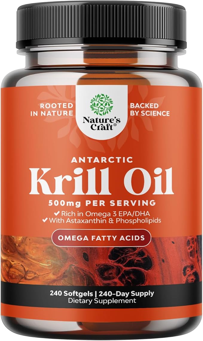 Antarctic Krill Oil Softgels - Omega 3 Krill Oil Supplement with EPA DHA &amp Astaxanthin for Brain &amp Healthy Heart Health - No Gluten GMOs or Fishy Aftertaste - 240 Count