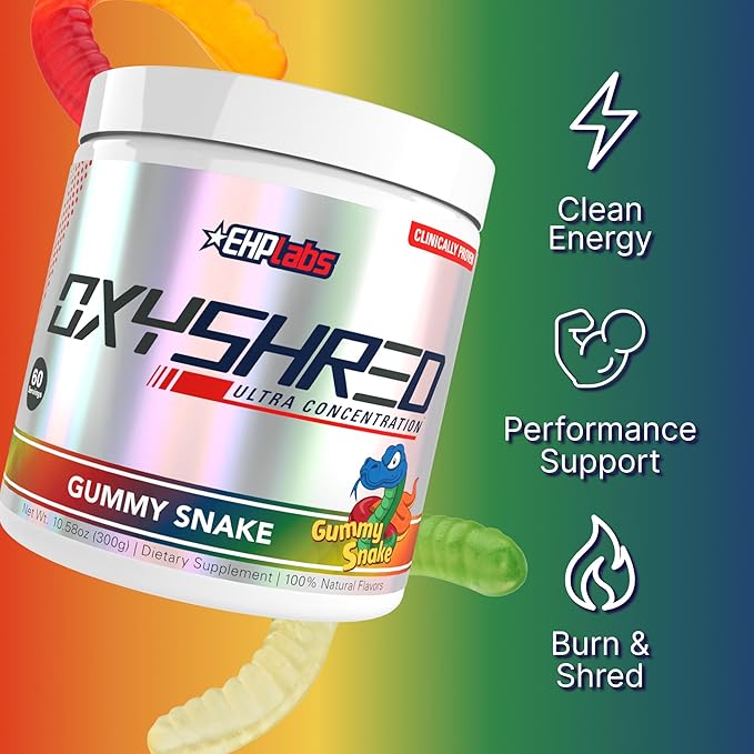 EHP Labs OxyShred Pre Workout Powder - Preworkout Powder with L Glutamine &amp Acetyl L Carnitine Energy Boost Drink - Gummy Snake 60 Servings