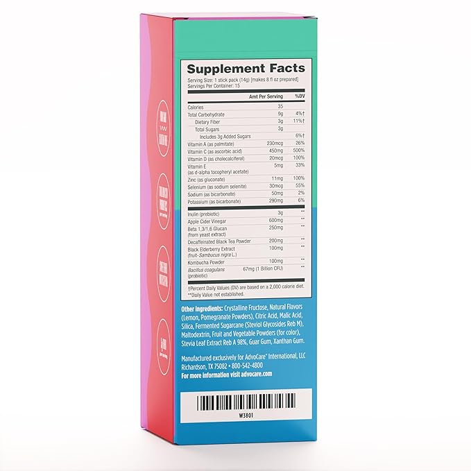 AdvoCare Harmony - Kombucha Drink Mix to Support Digestive &amp Gut Health* - Contains Prebiotics Probiotics &amp Postbiotics - Good Source of Fiber - 15 Stick Packs