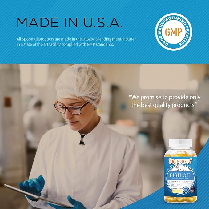 Spoonful Omega 3 Fish Oil Enteric Coated 2400mg 200 Capsules Burpless Rapid Release Softgel Capsules Made in USA NSF-Certified