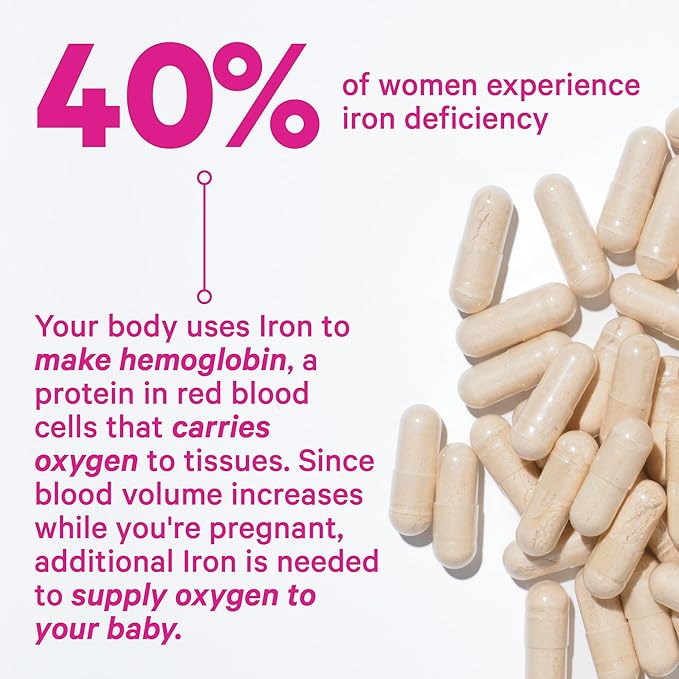 Pink Stork Prenatal Iron Supplement for Women - 18 mg Non-Constipating Iron &amp Vitamin C for Pregnancy Postpartum &amp Breastfeeding - Focus Fatigue &amp Blood Cell Production - 4 Month Suppl