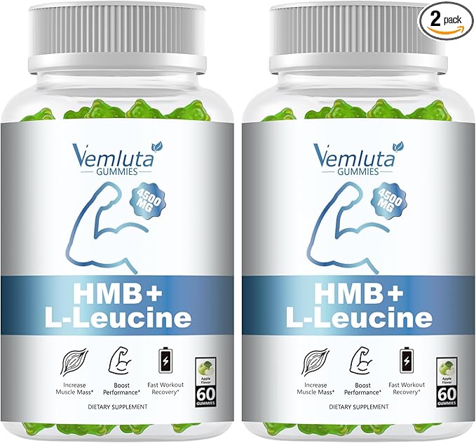 2 Packs HMB and Leucine Supplements Gummies for Men Women - 4500MG HMB ＆ Leucine for Muscle Recovery &amp Growth Support Non-GMO Gluten-Free Adults &amp Elder Apple Flavor 120 Counts