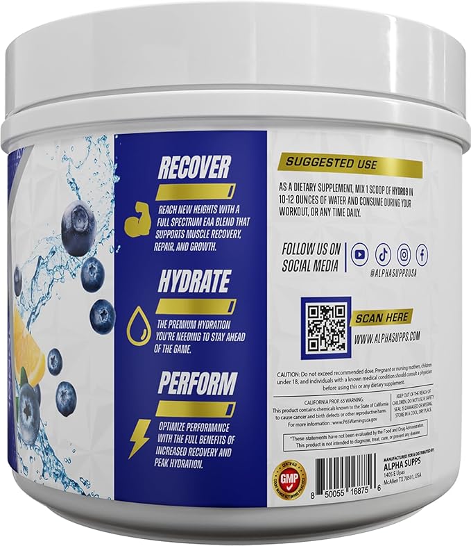 Alpha Supps Hydro 9 Aminos | EAA + Hydration Formula | Essential Amino Acids EAAs Powder with BCAAs &amp Electrolytes 30 Servings - Blueberry Lemonade