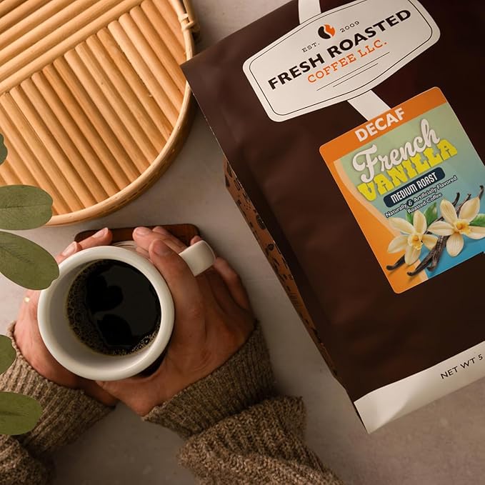 Fresh Roasted Coffee Decaf French Vanilla Flavored Coffee 5 lb (80 oz) Medium Roast Kosher Ground