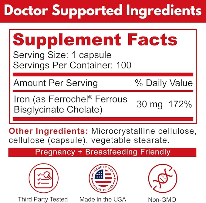 Reacted Iron - Iron 30mg (Ferrous Bisglycinate 325mg) for Red Blood Cell &amp Energy Support - Supports Anemia Fatigue - No Constipation-100 Capsules