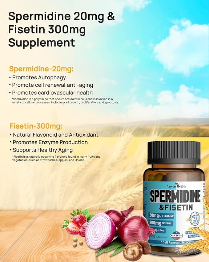 Spermidine &amp Probiotics - 60 Billion CFU for Gut Health Longevity Cell Renewal &amp Immune Support 20mg 98% Spermidine &amp 300mg Fisetin