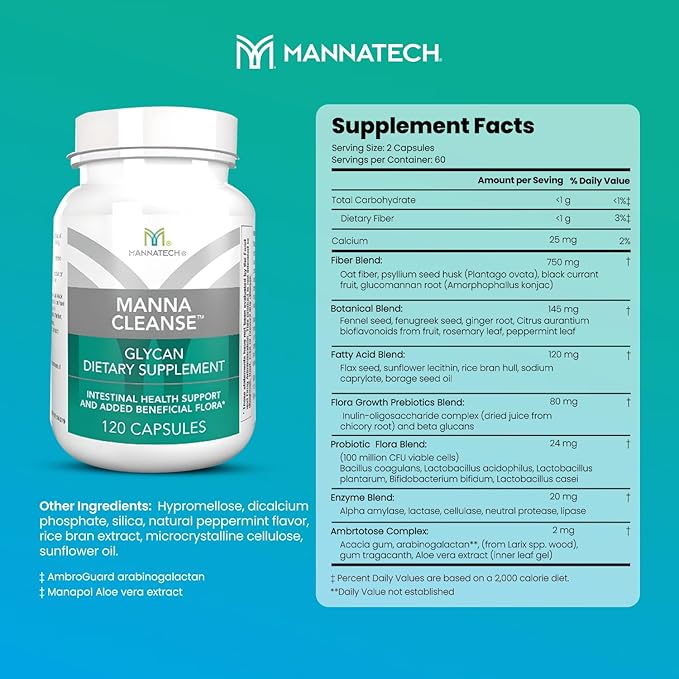 Mannatech Digestive Enzymes and Probiotics - Powered by Ambrotose Derived from The Aloe Vera Plant - Digestive and Colon Cleanser Helps Support Overall Gut Heath - MannaCleanse 120 Capsules